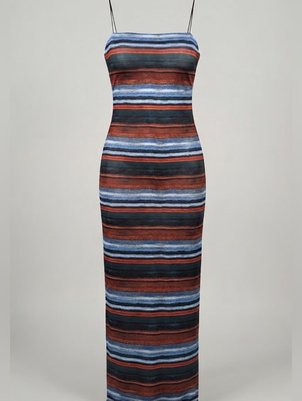 EUC Multi-Color Stripe Spaghetti Strap Maxi Dress | Rust, Blue, Black | Size XS